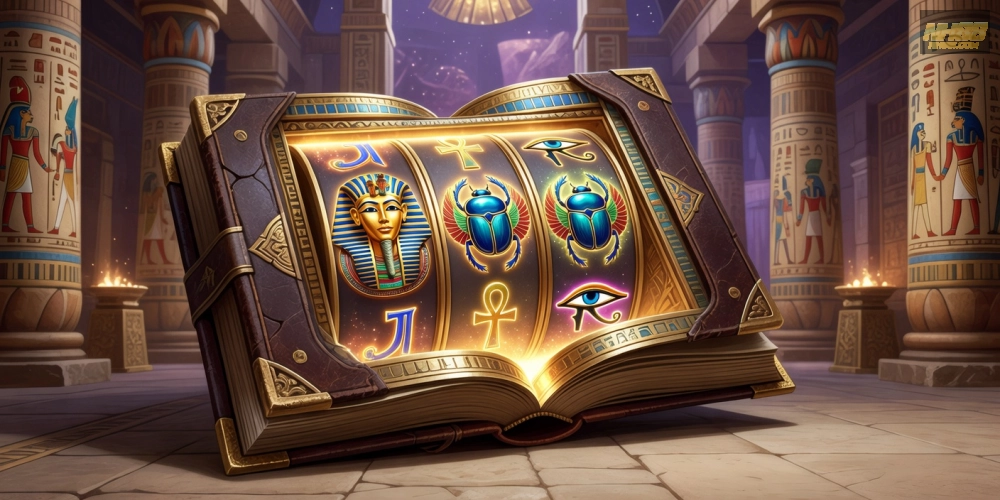 Giao diện cuốn sách cổ trong game nổ hũ Book of Dead với biểu tượng Ai Cập huyền bí