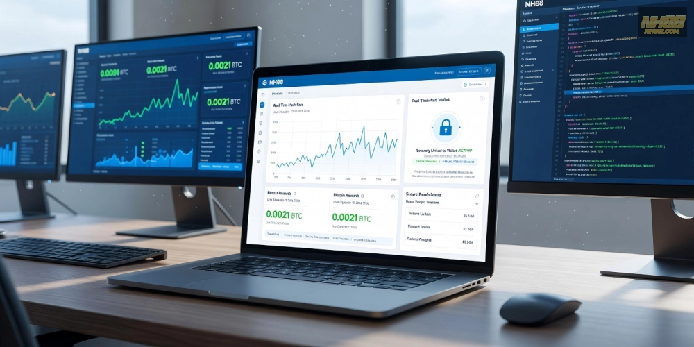 Hình ảnh minh họa quy trình cloud mining Bitcoin trên NH88 với giao diện người dùng.
