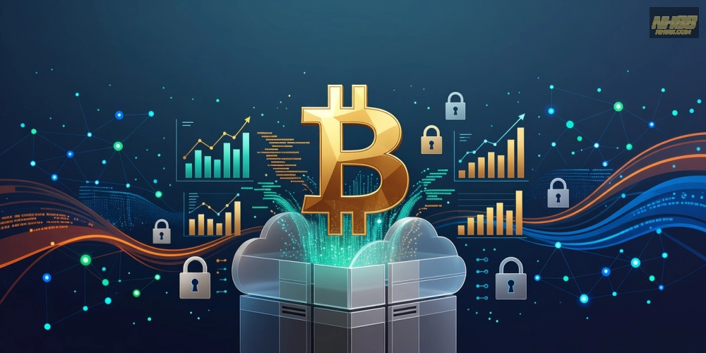 Hình minh họa khái niệm hướng dẫn đào Bitcoin trên nền tảng NH88 với biểu đồ tăng trưởng.