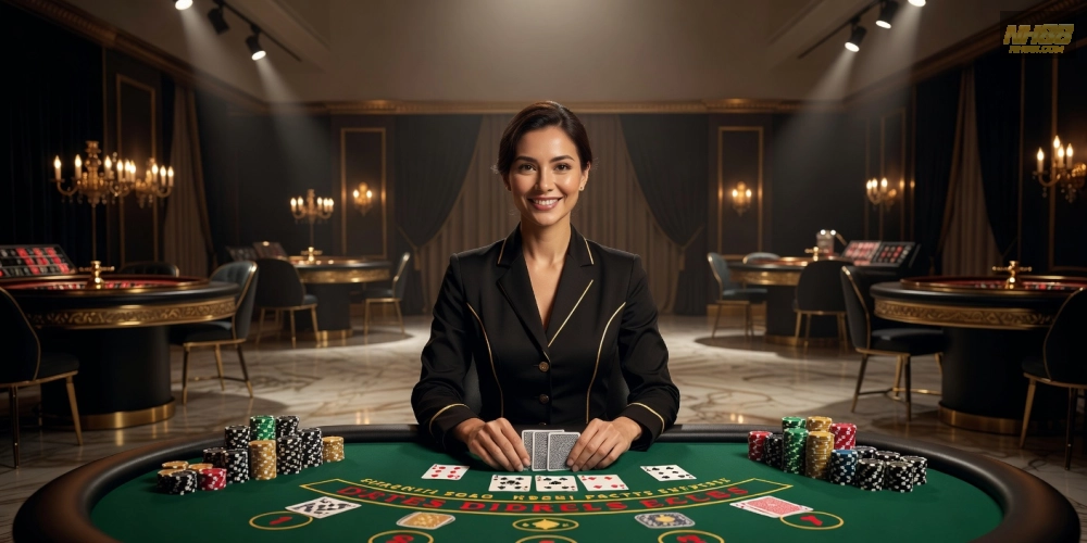 Minh họa khái niệm live casino free nh88 với dealer thực và giao diện hấp dẫn